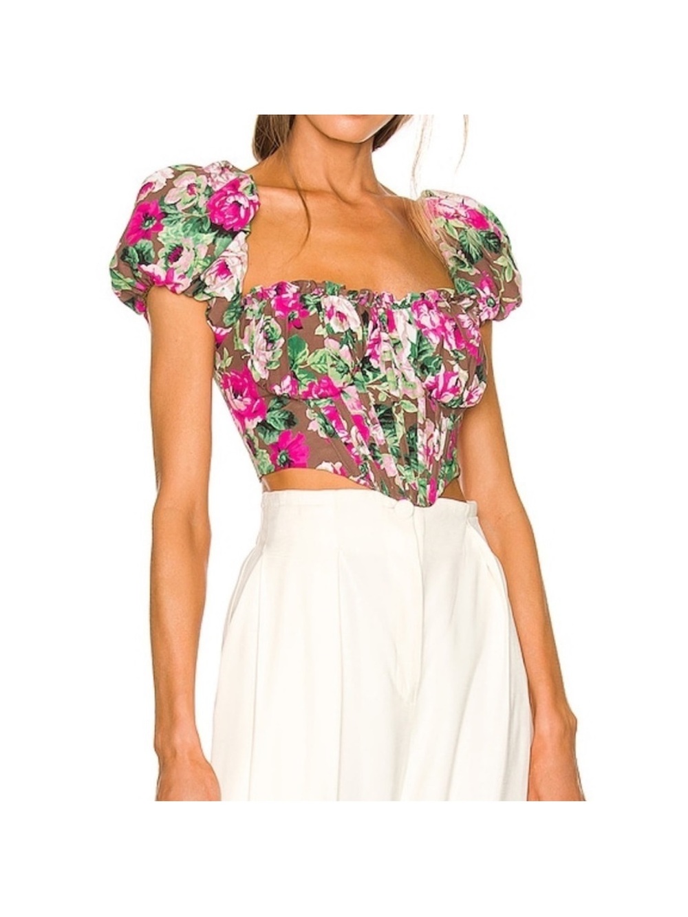 LPA Floral Corset Crop Top in Pink and Green